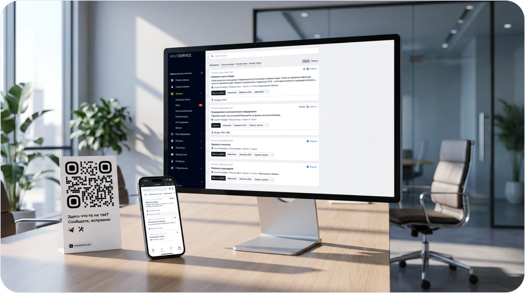 Монитор с интерфейсом Wave Service, смартфон с приложением и настольная табличка с QR-кодом на рабочем столе в офисе