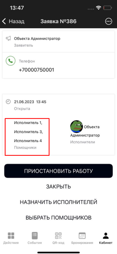 Информация о помощниках в заявке